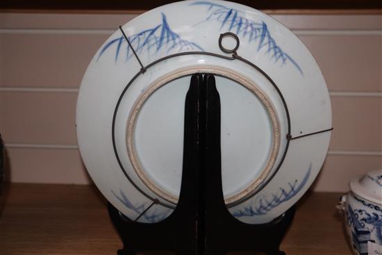 A 19th century Chinese blue and white kamcheng and a similar Hundred Antiques dish